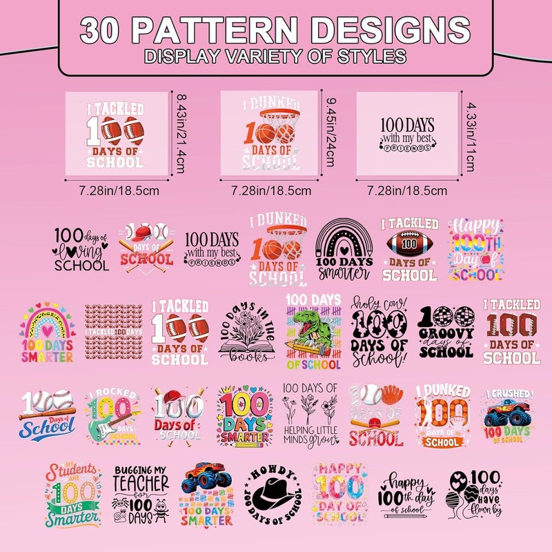 Shejdgart Dtf Transfers Ready to Press - 30 Pcs 100th Day of School Sport Iron on Patches for T-Shirts, Back to School Dinosaur Iron on Stickers Heat Transfer Vinyl Decals for DIY Fabric Clothes Decor - Image 2
